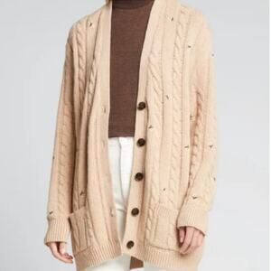 The Great. Embroidered Cable Knit Cashmere Wool Cardigan In Oatmeal XS